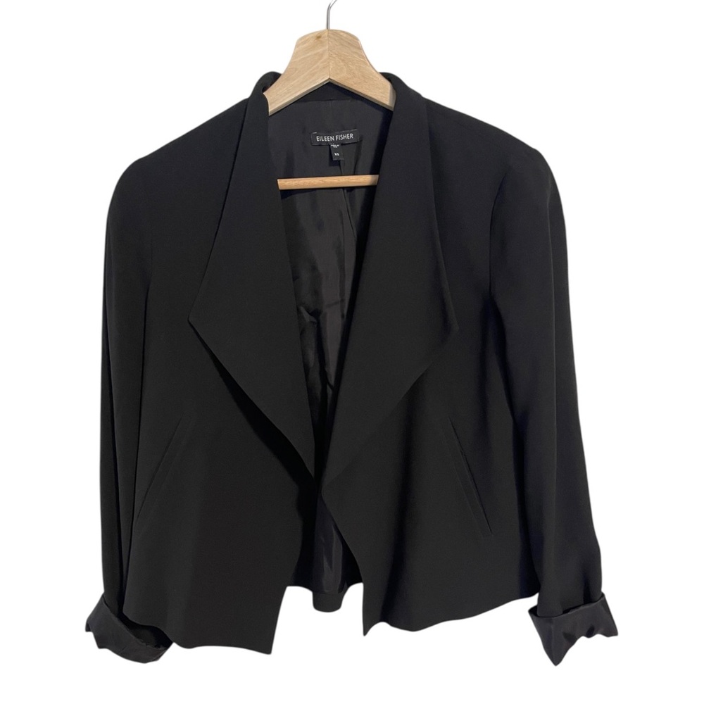 Eileen Fisher Black 100% Silk Open Front Drape Blazer Jacket Crop Chic Luxury XS